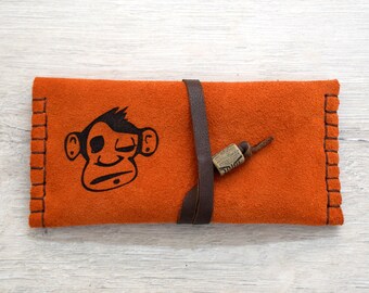 Engraved Monkey Leather Tobacco Pouch, Handmade Suede Case