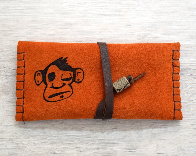 Leather Tobacco bag, Leather Tobacco Pouch, Monkey engraved leather smoking case.