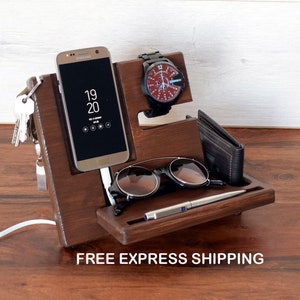 NightStand Anniversary Gift for Men Desk organizer Nightstand Dock Wood Organizer Docking station Glasses holder Art 2019, gift for me.
