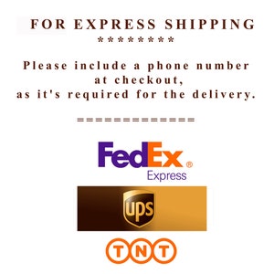 May include: A white background with the text "FOR EXPRESS SHIPPING" in black. The text "Please include a phone number at checkout, as it's required for the delivery." is also in black. The logos for FedEx, UPS, and TNT are shown in their respective colors.