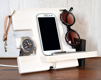 Free shipping, Anniversary Gift for Men, Wood organizer, Gift for him, Desk organizer, Phone holder, White color,Men