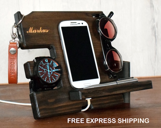 Phone holder,Anniversary Gift for Men,Wood organizer,Docking station,Desk organizer,Wooden phone stand,Gift for him