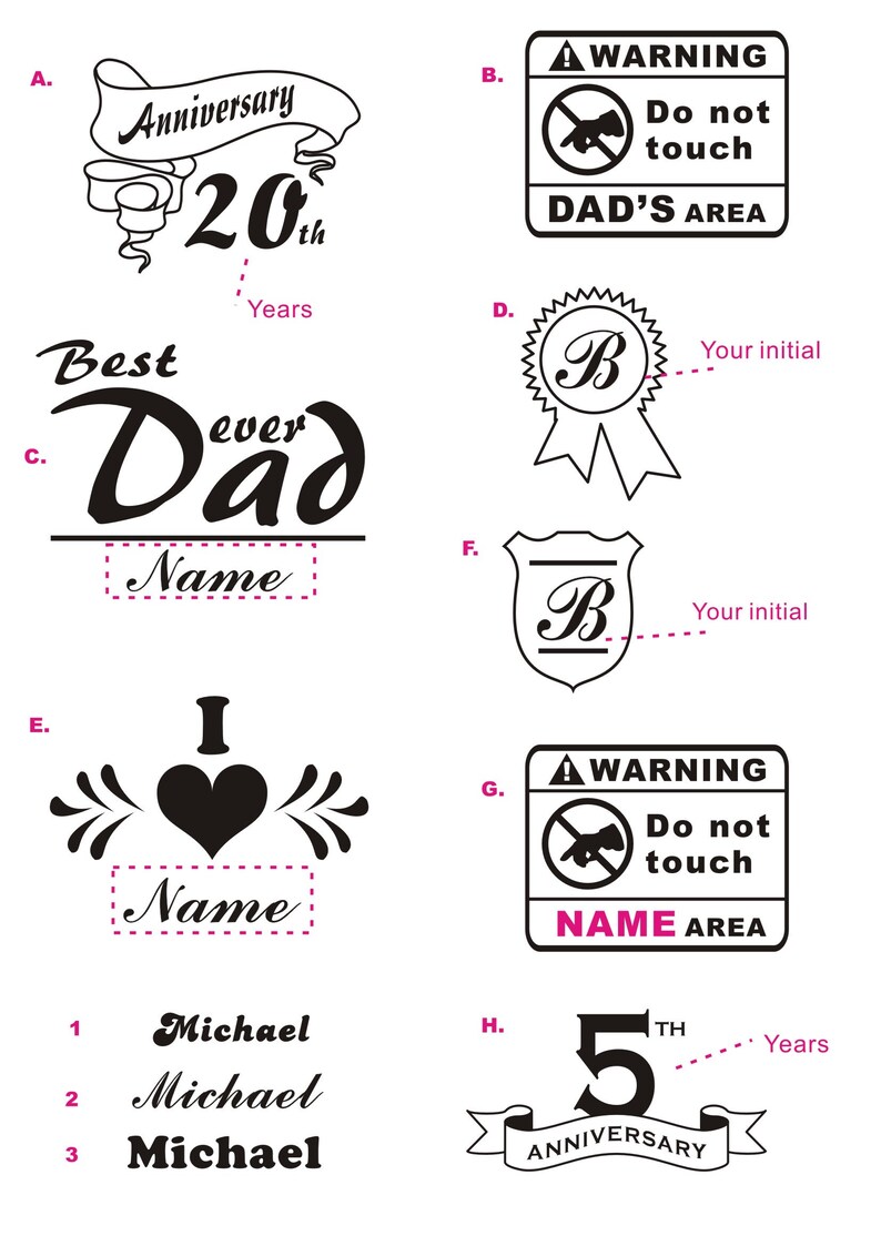 Puede incluir: Una hoja de papel con ilustraciones en blanco y negro de diferentes dise&ntilde;os para regalos personalizados. Los dise&ntilde;os incluyen un 20&ordm; aniversario, un dise&ntilde;o de "Mejor Pap&aacute; del Mundo", un coraz&oacute;n con "Te Amo" y un nombre, una se&ntilde;al de advertencia que dice "&Aacute;rea de Pap&aacute;", una se&ntilde;al de advertencia que dice "&Aacute;rea de Nombre", y un dise&ntilde;o de 5&ordm; aniversario.