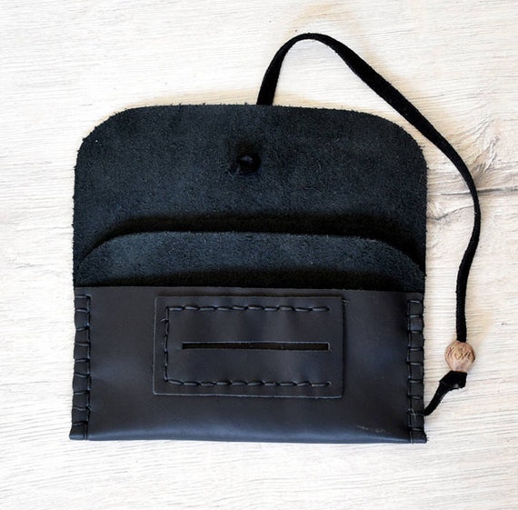 Handmade Black Leather Tobacco Pouch, Rolling Tobacco Case
