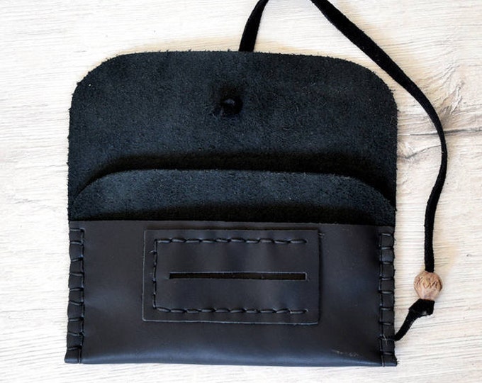 Black Leather Tobacco Pouch, Free Shipping Gift, Black Soft Genuine Leather, Pouch Tobacco, Rolling Tobacco Pouch, Handmade Case, Wallet
