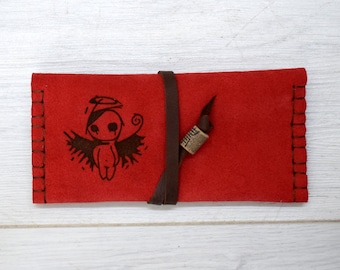 Red leather tobacco case with engraved angel