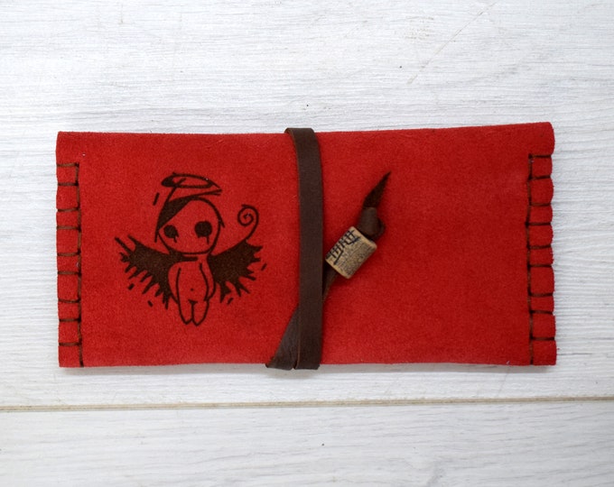 Red leather tobacco case with engraved angel