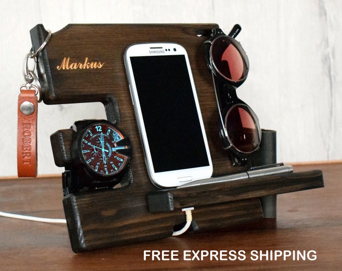 Anniversary Gift for Men, free engraved Wood organizer, Gift for him, Docking station, Desk organizer, Wooden phone stand, man gift