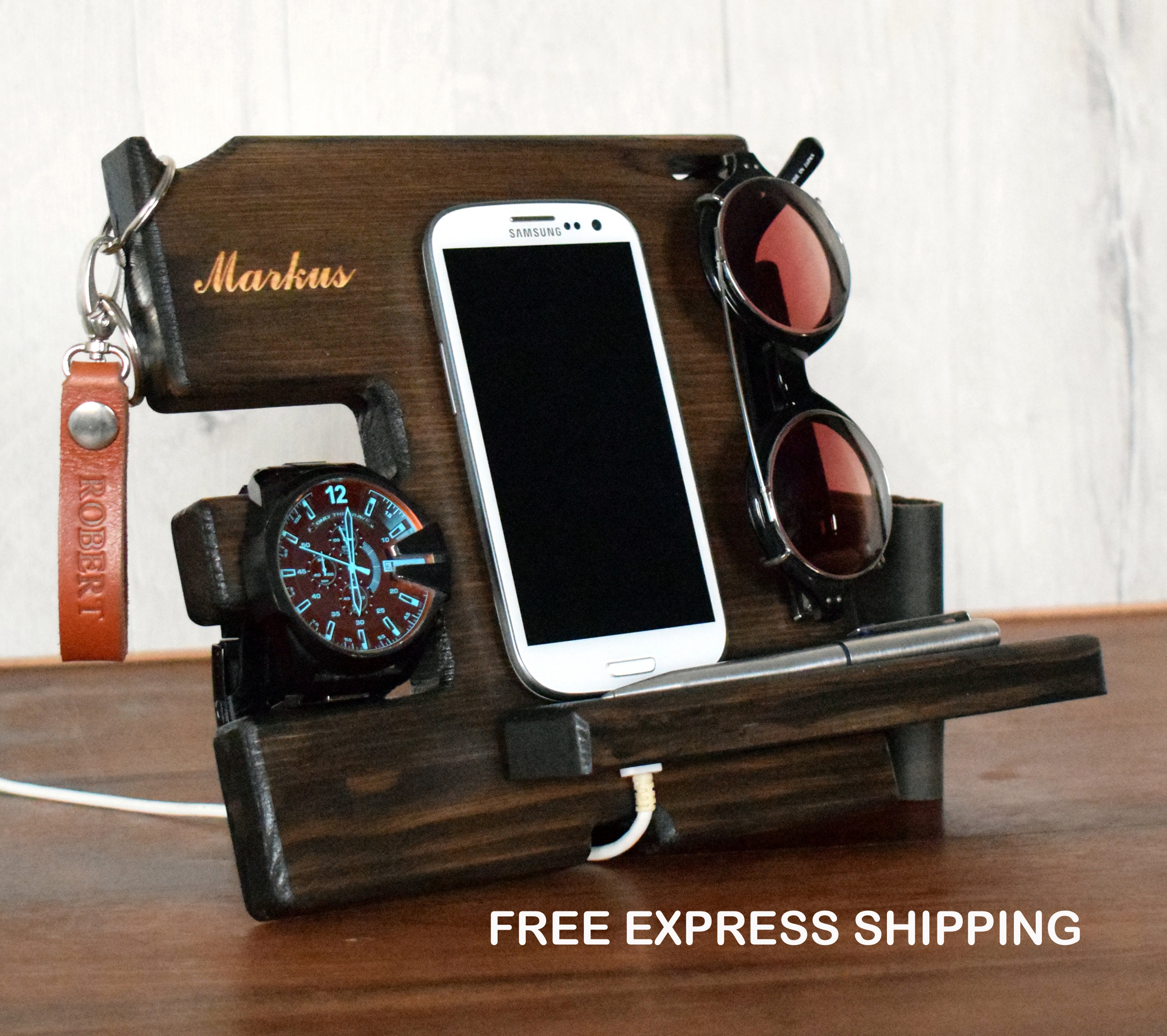 Present For Him Husband Gift Wooden Phone Stand Docking Station Desk Organizer Anniversary Gift Fathers Gift Men Birthday Valentines Gift