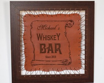 Personalized whiskey bar decor, Message on Leather.