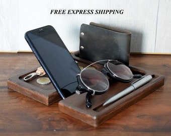 Docking station, Mens Wood Valet Tray, mens gift, Gift for him,  husband gift, gifts for boyfriend, Nightstand Organizer