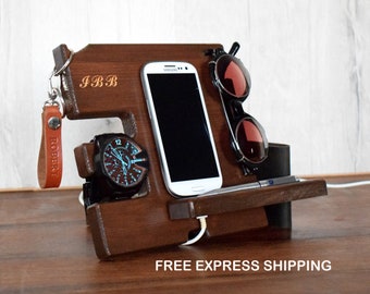 Gift for men, Docking Station, Anniversary Gift, Phone holder, Free shipping, Wood organizer, Gift for him,Cherry color