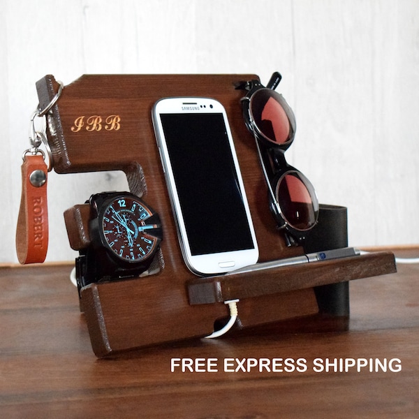 Gift for men, Docking Station, Anniversary Gift, Phone holder, Free shipping, Wood organizer, Gift for him,Cherry color