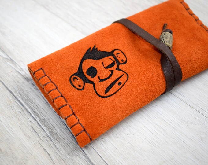 Leather Tobacco bag, Leather Tobacco Pouch, Monkey engraved leather smoking case.