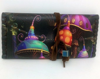 Psychedelic Leather Tobacco Pouch: Handmade Roll-Up Case