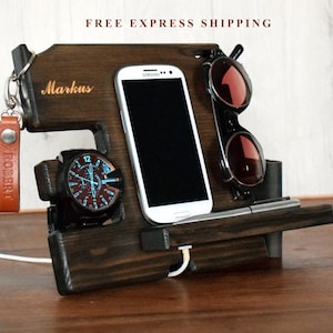 Gift for dad, Docking station, gift For Men, Custom groomsman, gift wood organizer, Wooden phone stand, Customized best man