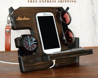 Huspand's gift, wooden phone stand, docking station,desk organizer,anniversary gift, Men birthday