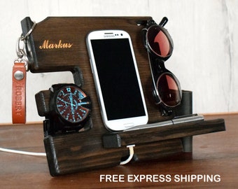 Desk organizer, Docking station, Wooden organizer, phone holder,Anniversary Gift for Menglasses holder,Wooden phone stand,watch holder
