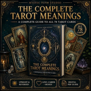 May include: A hardcover book titled The Complete Tarot Meanings by Mystic Path Studio, featuring a dark blue cover with gold celestial illustrations. The book is surrounded by various tarot cards, a candle lantern, and a purple crystal.