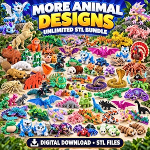Peut inclure: Une collection numérique de diverses figurines d'animaux articulées aux couleurs et poses variées, incluant des dragons, insectes, mammifères et reptiles. L'image présente le texte MORE ANIMAL DESIGNS UNLIMITED STL BUNDLE et DIGITAL DOWNLOAD STL FILES.