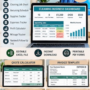 Op de afbeelding: Een startpakket voor schoonmaakbedrijven met professionele Excel-sjablonen voor offertes, facturen, planningen en kostenbeheer. Het scherm toont een dashboard, offertecalculator, factuursjabloon, schoonmaakrooster en winstcalculator.