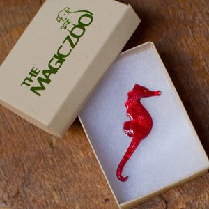 Enamel Seahorse Brooch in Red and Green