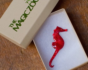 Enamel Seahorse Brooch in Red and Green