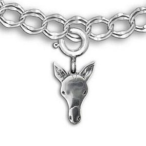 May include: A silver charm bracelet with a silver donkey charm. The charm is detailed and has a realistic look.
