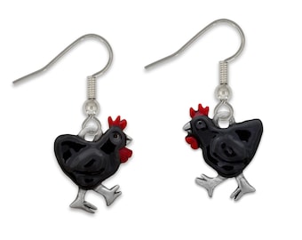 Enamel Black Chicken Earrings with Red Comb