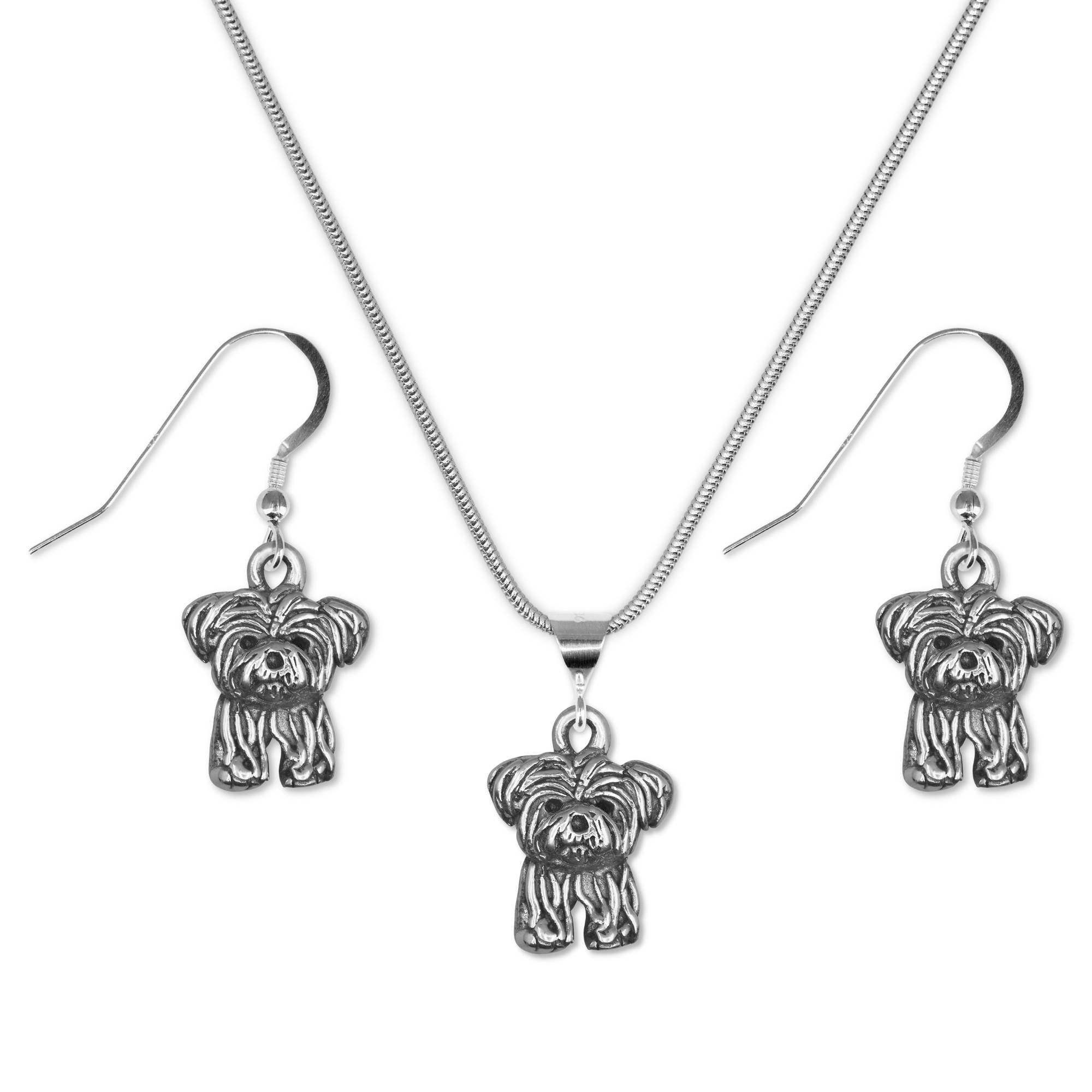 Conjunto de collar y pendientes Shorkie en plata de ley