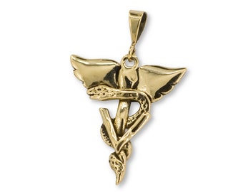 Veterinary Caduceus Pendant with Wings 14K Solid Gold