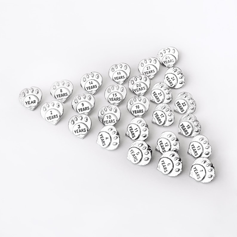 Puede incluir: Un conjunto de 25 dijes de plata con forma de huella de pata, cada uno con un n&uacute;mero diferente de a&ntilde;os del 1 al 25. Los dijes tienen forma de huella de pata y tienen la palabra "YEARS" impresa debajo del n&uacute;mero.