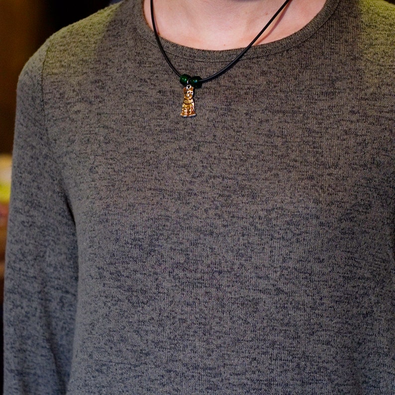 May include: A person wearing a dark green long-sleeved shirt with a black cord necklace and a small gold pendant.