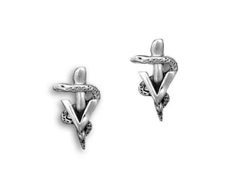 Pendientes de plata de ley con diseño de caduceo veterinario