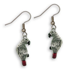 Boucles d&#39;oreilles perroquet gris d&#39;Afrique en émail