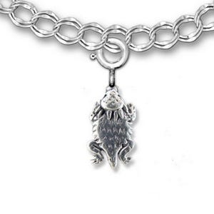 May include: A silver charm bracelet featuring a detailed horned lizard charm. The lizard charm is attached to a silver clasp and chain. The charm is a detailed, three-dimensional design.