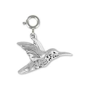 May include: A silver charm in the shape of a hummingbird with detailed wings and a textured body. The charm is attached to a silver jump ring.