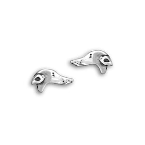 May include: A pair of silver stud earrings featuring a detailed Greyhound dog head design.