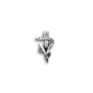 May include: A silver-colored veterinary symbol pin featuring a snake coiled around a staff with the letters "V" at the bottom. The snake has detailed scales and a raised head. The pin is set against a white background.