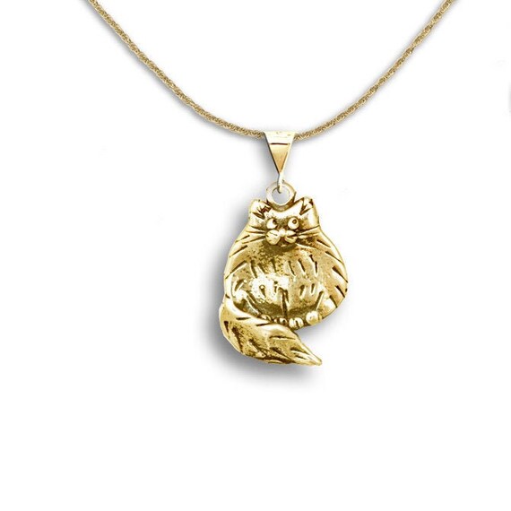 14K Solid Gold Fat Cat Pendant Cat Lady 