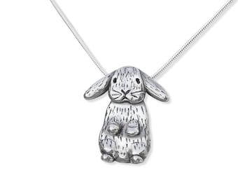 Ciondolo grande a forma di coniglio dalle orecchie cadenti in argento sterling