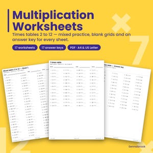 Schede di moltiplicazione, esercizi stampabili sulle tabelline, fogli di esercizi di matematica con soluzioni, materiale stampabile per l'istruzione domiciliare, tabelline dal 2 al 12