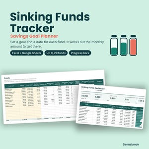 May include: A Sinking Funds Tracker savings goal planner digital template for Excel and Google Sheets. The display features text, three jar icons with progress levels, and two spreadsheet views showing fund names, goals, and progress bars.