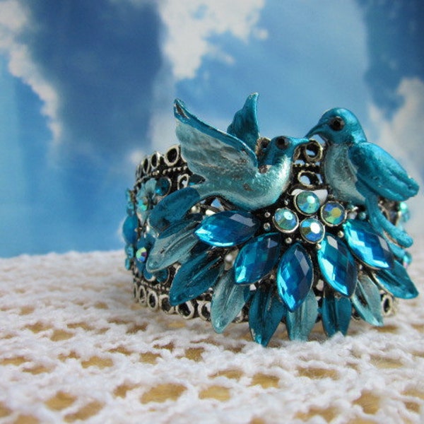 Dove Rhinestone Bracelet-  Teal Color- Rockabilly- Wedding -Bridal Jewelry- Jewellery- Fashion Jewelry- Hippie