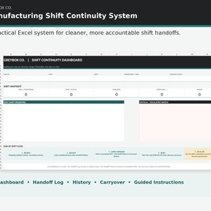 May include: A digital spreadsheet template titled Greybox Co. Manufacturing Shift Continuity System. The interface features a Shift Continuity Dashboard with sections for shift snapshots, next shift priorities, critical watch, and end of shift flow.
