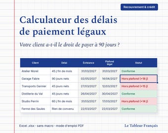 May include: A digital spreadsheet document titled Calculateur des délais de paiement légaux on a grid background. It features a table with columns for client, payment terms, due dates, legal limits, and status, showing various compliance results.