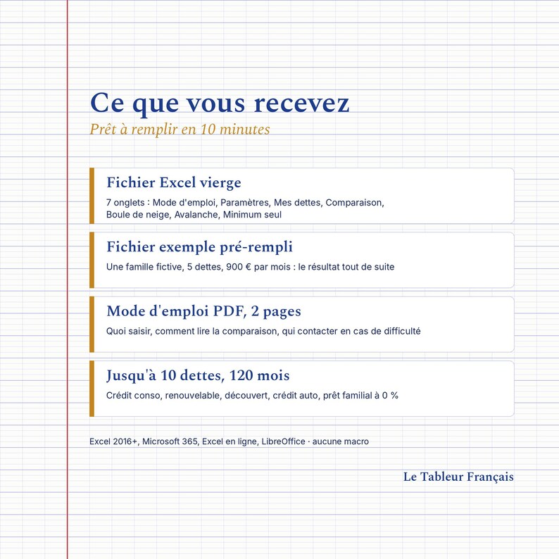 Contenu du produit : fichier Excel vierge, fichier exemple pré-rempli et mode d'emploi PDF de 2 pages, jusqu'à 10 dettes sur 120 mois