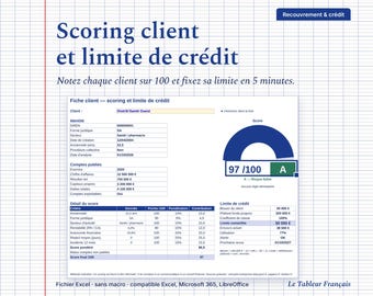 May include: A digital spreadsheet template titled Scoring client et limite de crédit on a grid background. It features a client data form, a credit score gauge showing 97/100, and a credit limit calculation table in French.