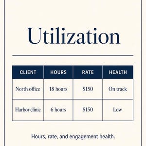 May include: A business report titled SIR AB Utilization featuring a table with columns for Client, Hours, Rate, and Health. The table lists North office with 18 hours at $150, and Harbor clinic with 6 hours at $150. Text includes Hours, rate, and engagement health.
