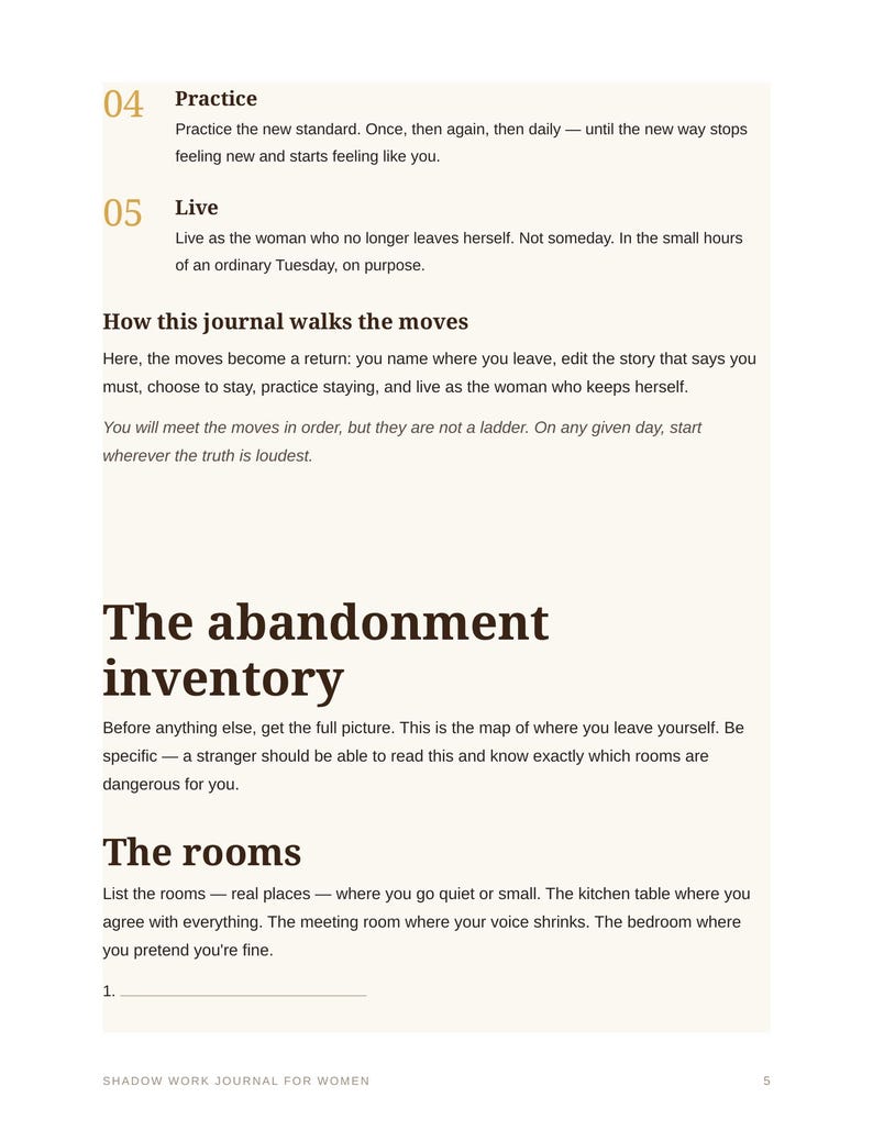 Op de afbeelding: Een pagina uit een Shadow Work Journal for Women met de tekst The abandonment inventory en The rooms. Het bevat genummerde secties 04 Practice en 05 Live, met instructies over hoe de oefeningen en prompts in het dagboek moeten worden gevolgd.
